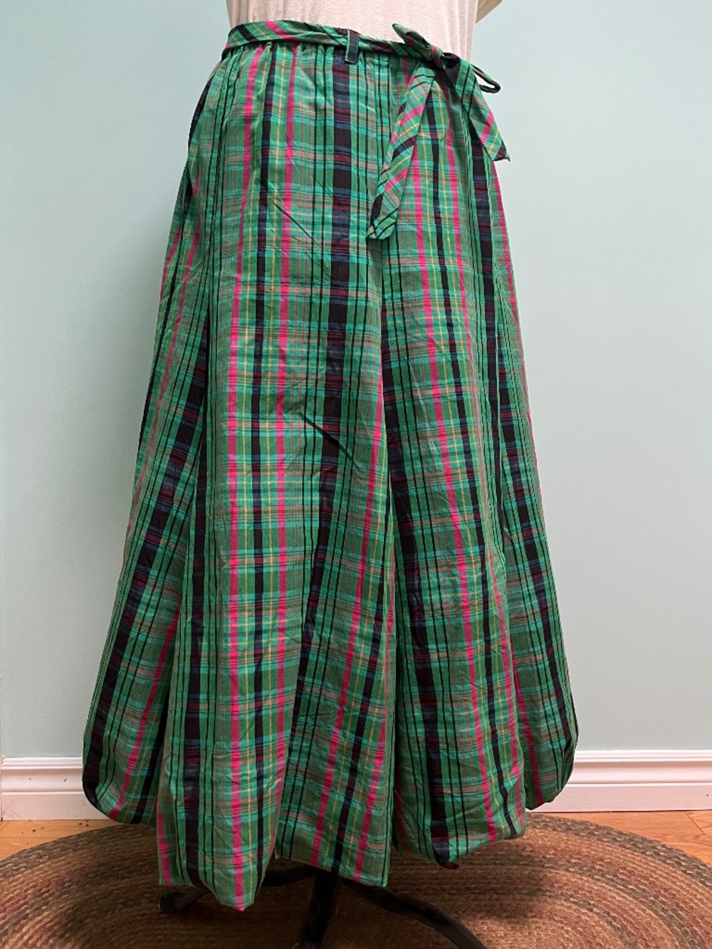 April Cornell green plaid maxi skirt, cotton blend, Sz S